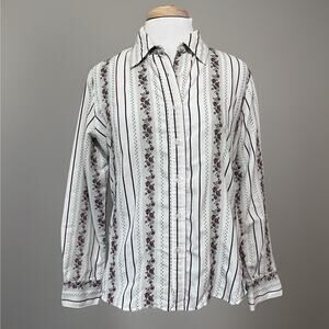 Womens Large Folk Western Petit Point Embroidery Cottagecore Button Down Shirt